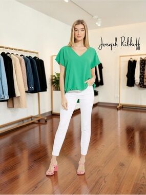 JOSEPH RIBKOFF, Green V-Neck Blouse Elastic Hem Draped Top, Size 12